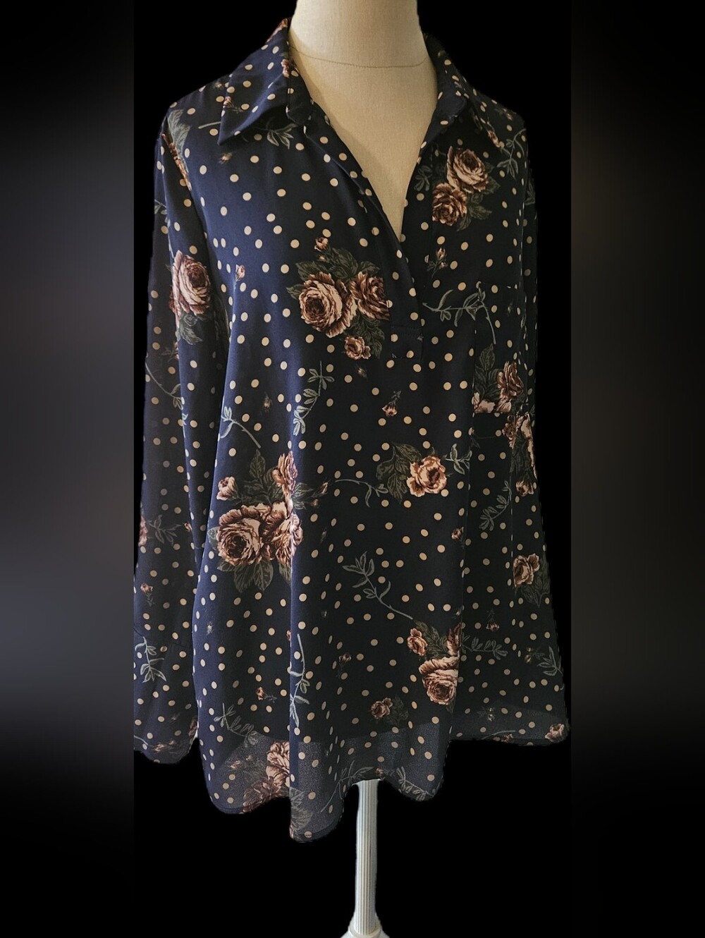 Pleione Navy Floral & Polka Dot Blouse